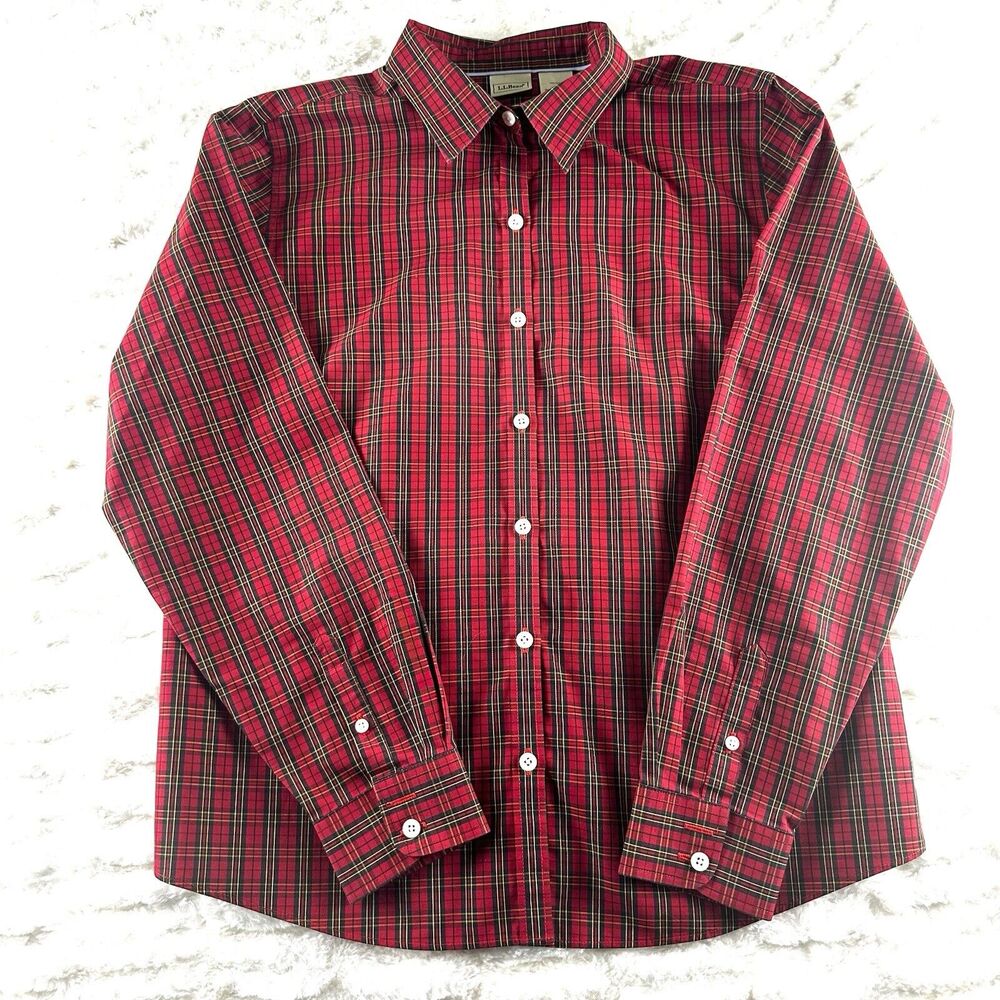 LL Bean Mens Dress Shirt sz M‎ Red Plaid Button Down Collar Wrinkle Resist